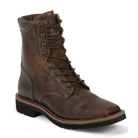 Justin Men's 8" Rugged Tan Leather Square Toe Lace-Up Work Boot - Pete's Town Western Wear