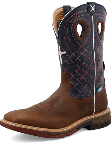 Twisted X Men's (MXBW001) 12" Waterproof Square Toe Pull-On Western Work Boot -Brown w/ Blue top