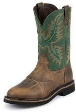 Justin Men's 11" Blade Green and Tan Round Steel Toe Pull-On Work Boot with Saddle. - Pete's Town Western Wear