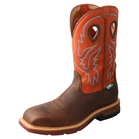 TWISTED X MEN'S (MXBNW03) 12"WATERPROOF SQUARE NANO TOE PULL-ON WORK BOOT-Brown & Orange