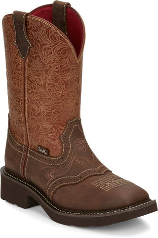 Justin Ladies Gypsy (GY9530) 11" Tan with Orange Tooled Top w/Saddle Square Toe Cowgirl Boot