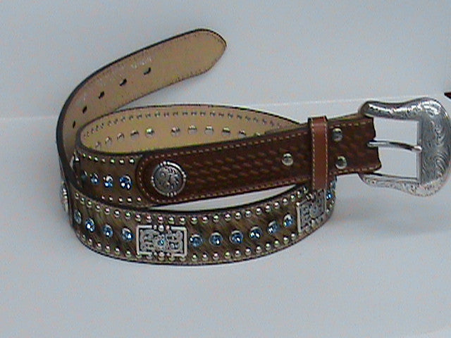 Western Brown Leather Belt with Light Blue Longhorn Rhinestones 34
