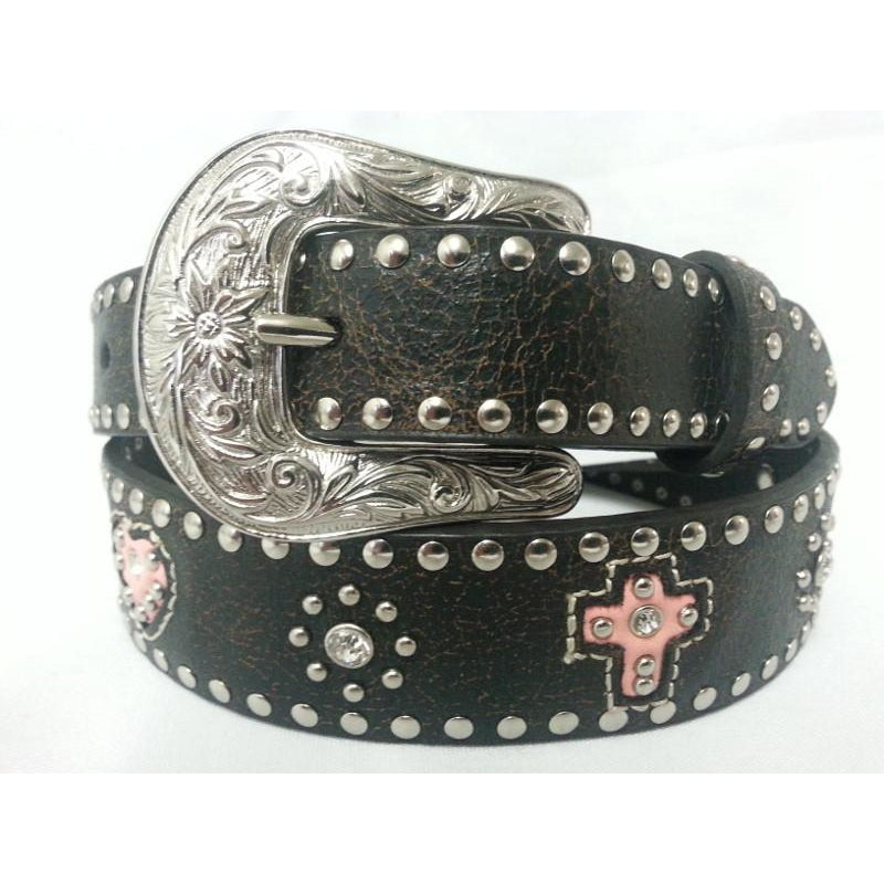 Girls Pink Heart And Cross Brown Leather Belt - Pete's Town Western Wear