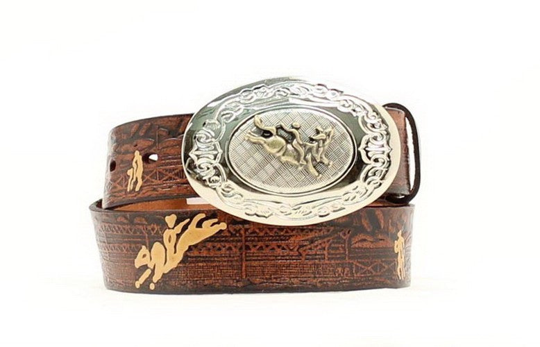 Kids Western Fashion Embossed Bronc Rider Brown Leather Belt