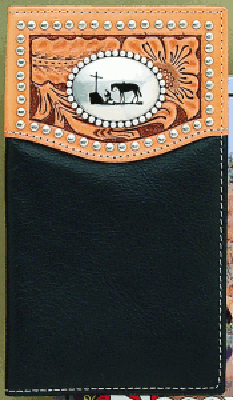 Nocona Mens Leather Wallet Natural And Black With Praying Cowboy - Pete's Town Western Wear