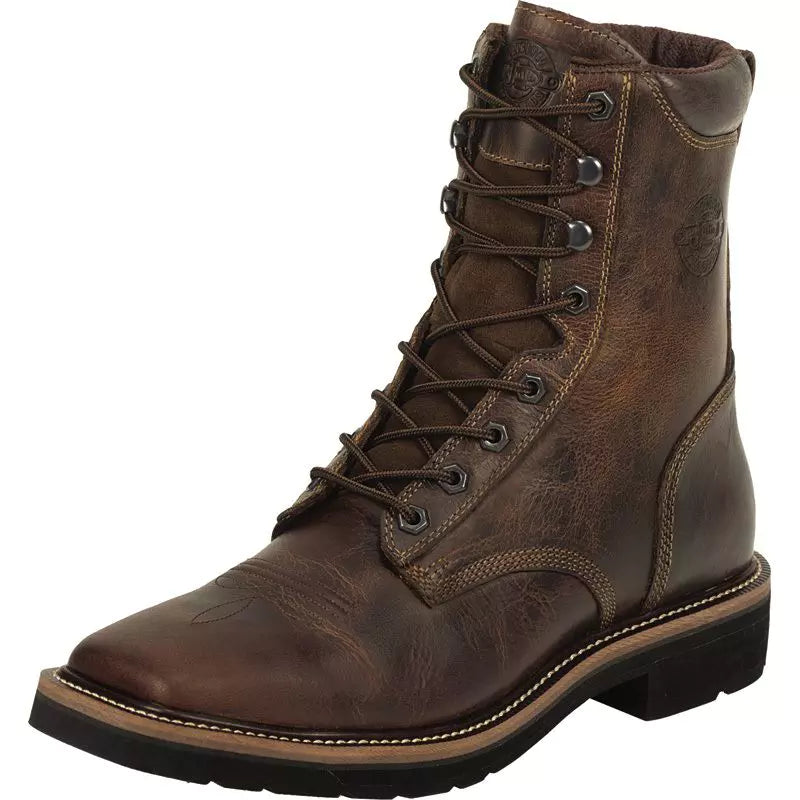 Justin Men's (SE682) 8" Rugged Tan Leather Square STEEL Toe Lace-Up Work Boot.