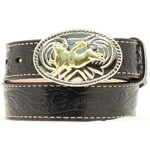 Kids Bright Silver Buckle Gold Bull Rider Black Leather Belt - Pete's Town Western Wear