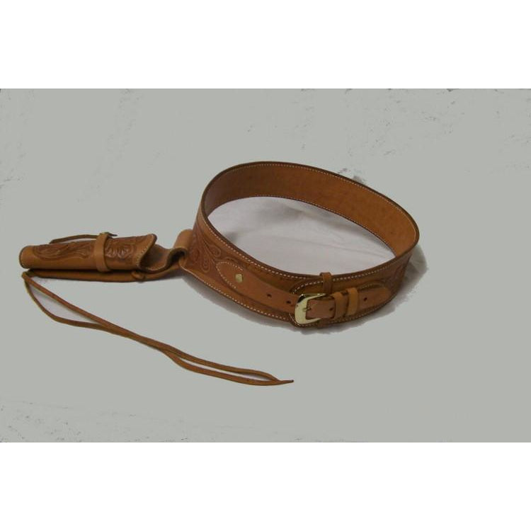 Hand Tooled Natural Embossed Western Leather Gun Belt Single Holster - Pete's Town Western Wear