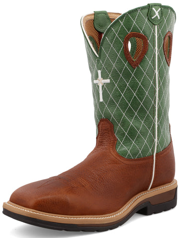 Twisted X Men's (MLCS002) Western Square Steel Toe Pull-On Work Boot - Brown w/Green
