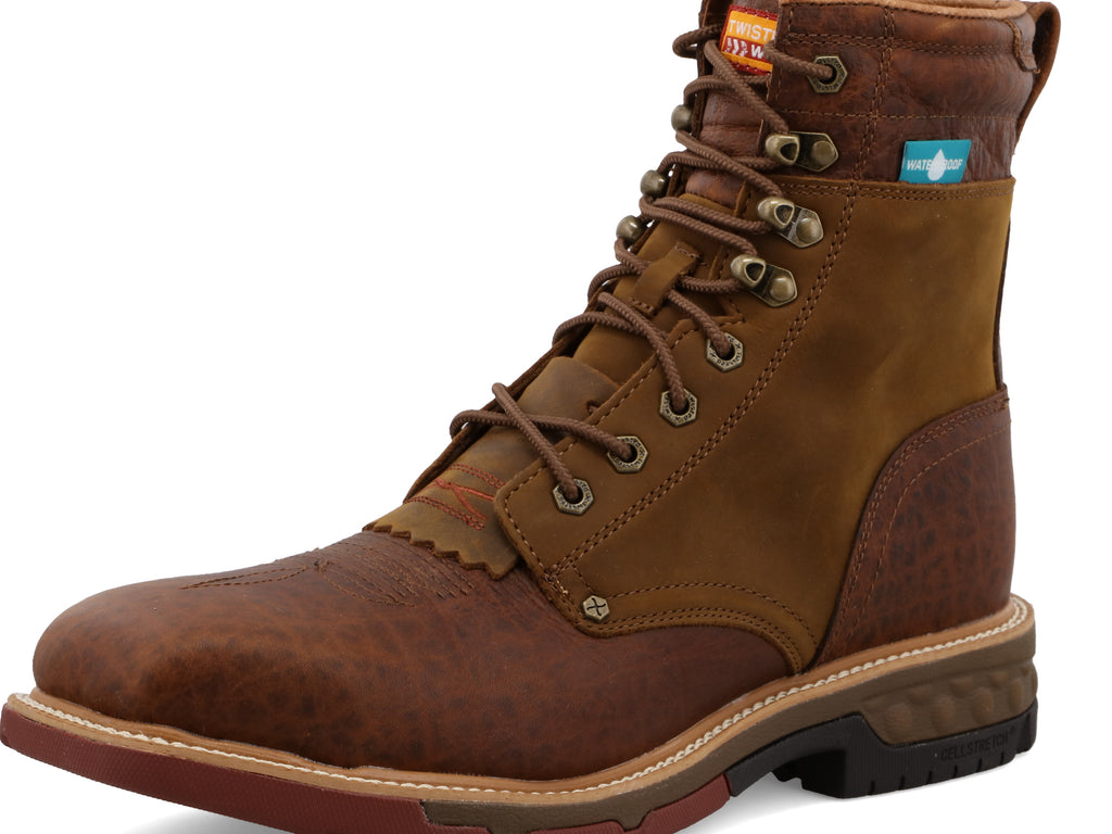 Twisted X Men's (MXALW01) Waterproof Lace-Up Square Alloy Toe Work Boot w/Saddle - Brown