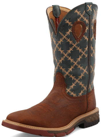 Twisted X Men's (MXB0005) 12" Square Toe Pull-On Western Work Boot-Brown w/green top