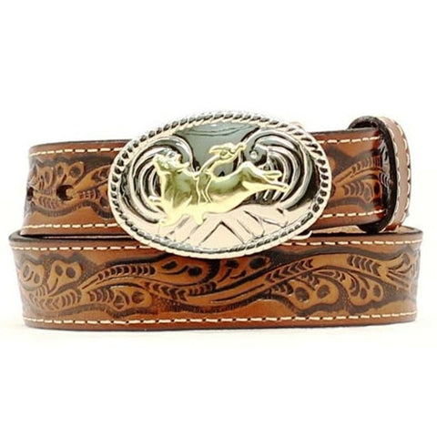 Kids Western Fashion Bull Rider Brown Tooled Leather Belt - Pete's Town Western Wear