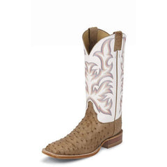 Justin Men's AQHA Remuda Series 13" White/Tan Full Quill Ostrich Square Toe Pull-Ons - Pete's Town Western Wear