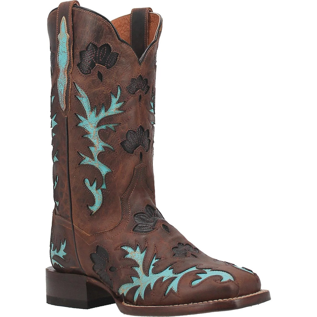 Dan Post Ladies (DP4108) Brown with Fancy Black & Turquoise inlays Square Toe Cowgirl Boot
