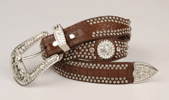Nocona Ladies Rhinestone Embellished Croco Brown Leather Belt - Pete's Town Western Wear